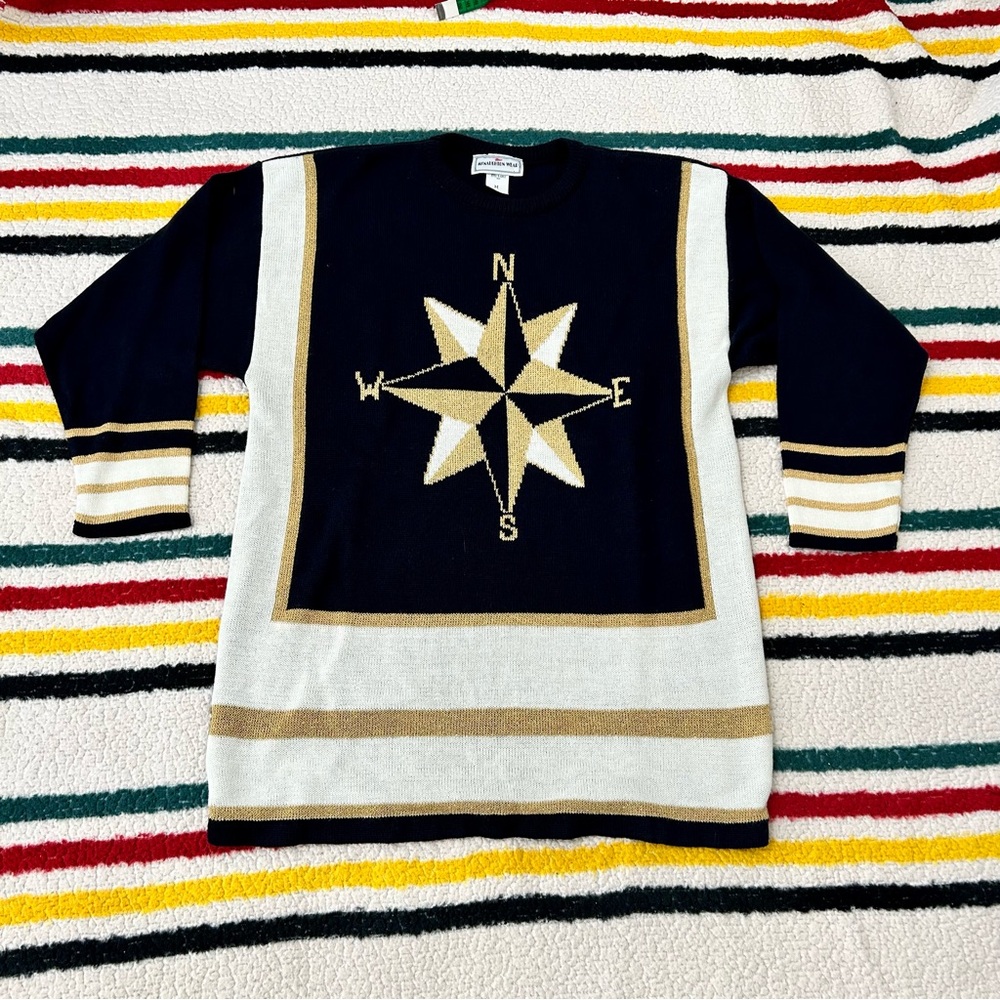 Vintage compass sweater. Navy blue, gold, white nautical long sleeve knit